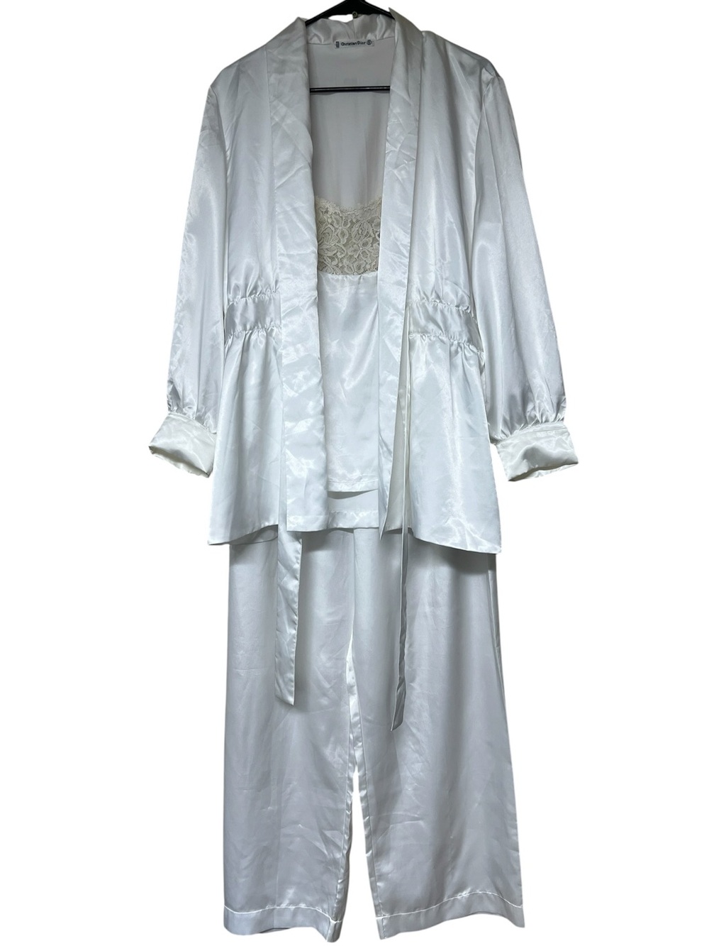 Christian Dior vintage white lace trimmed satin sleep camisole jacket pants set